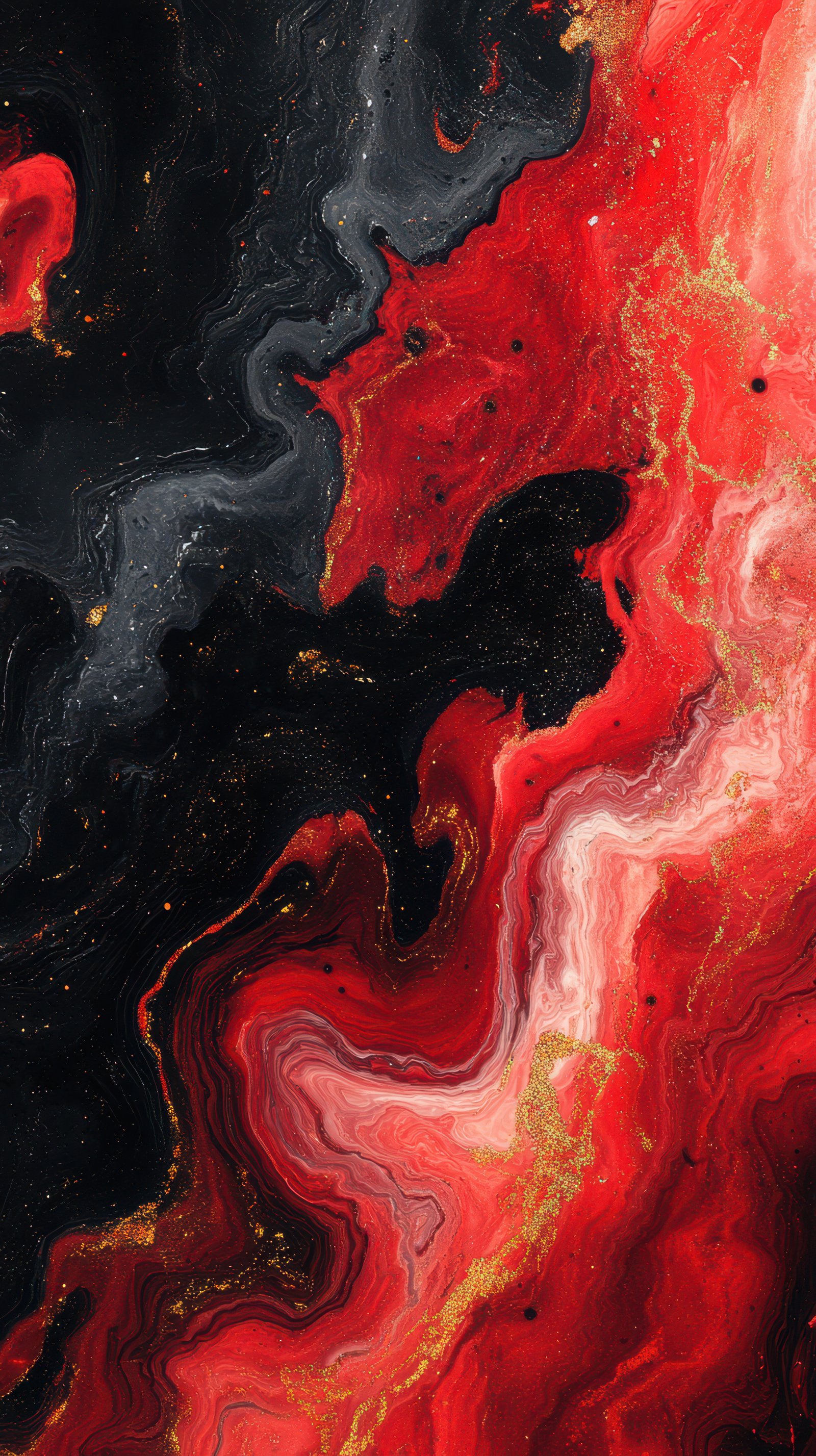 Vibrant abstract painting with swirling red, black, and gold colors in a dynamic composition